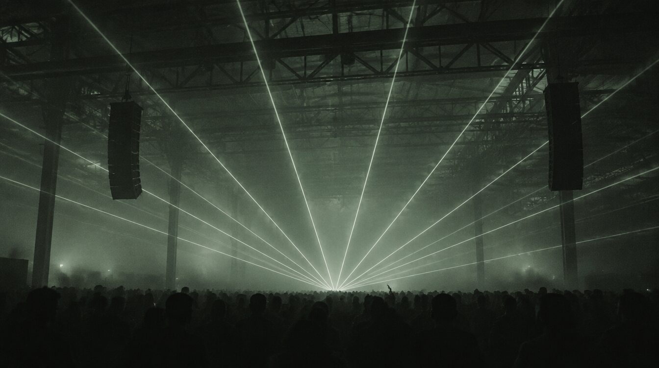 Light beams over a full warehouse floor