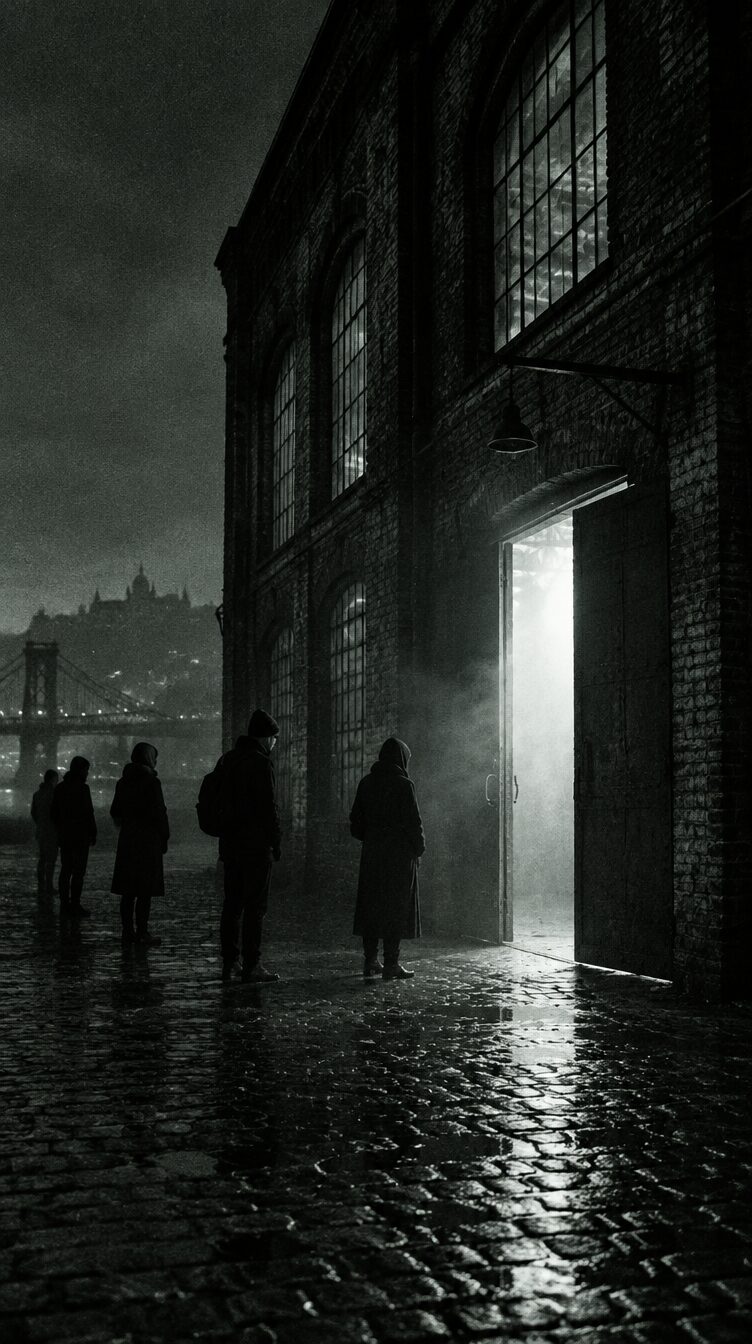 People waiting at a lit warehouse door at night